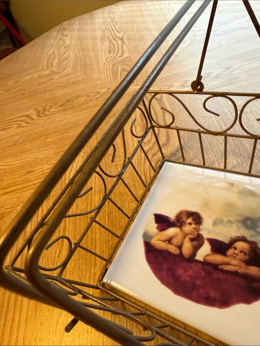 Bronze Gold Metal Wire Decorative Basket with Cherub Tile - 8 1/2x 8 1/2 x 3 1/2
